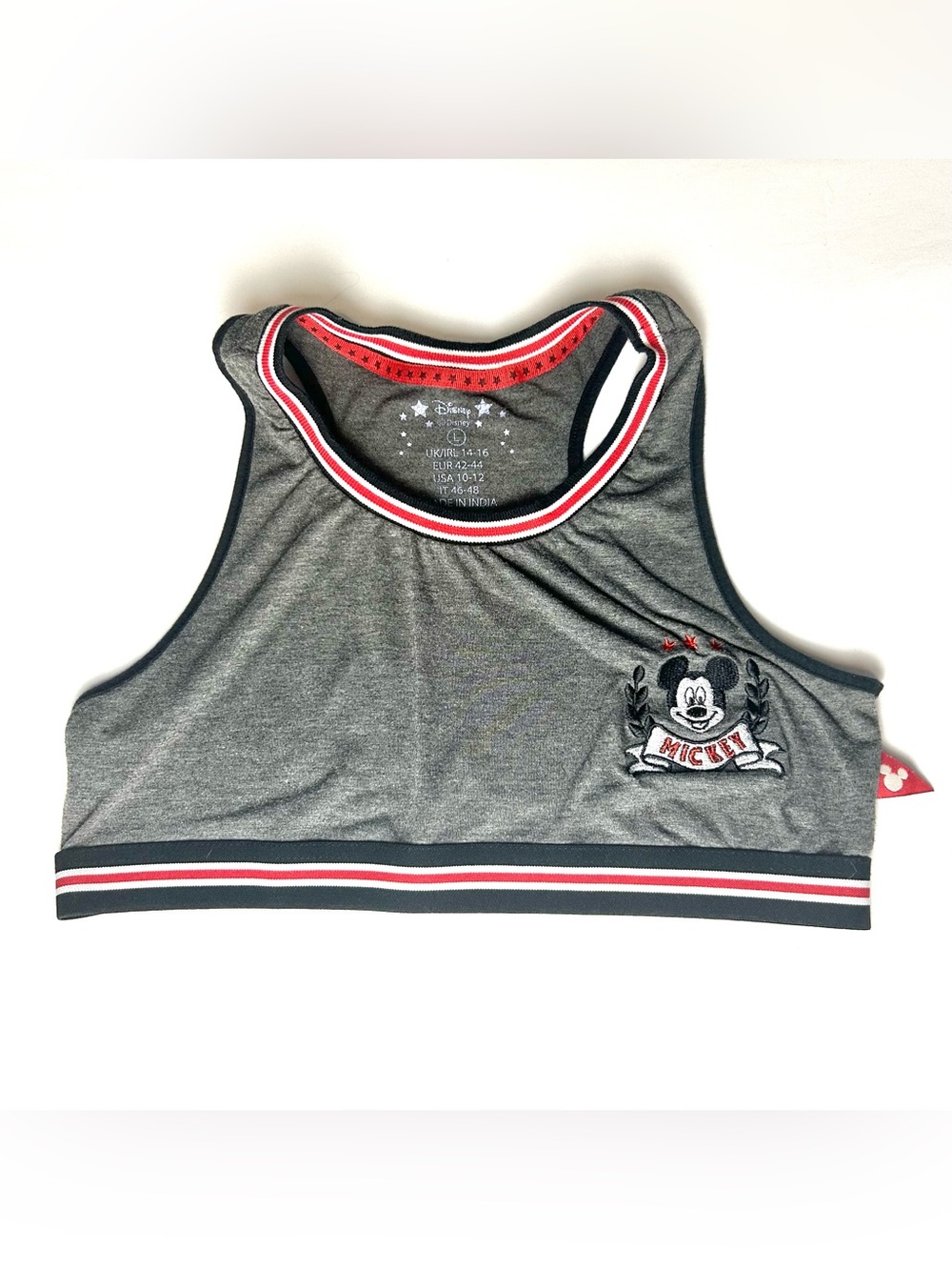 Disney Bra Women's Size L USA 10-12 Mickey Mouse Grey Sports Crop Top Athleisure